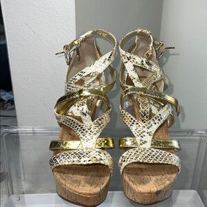 Guess Gold and White Strappy Cork Platform Wedges - Women